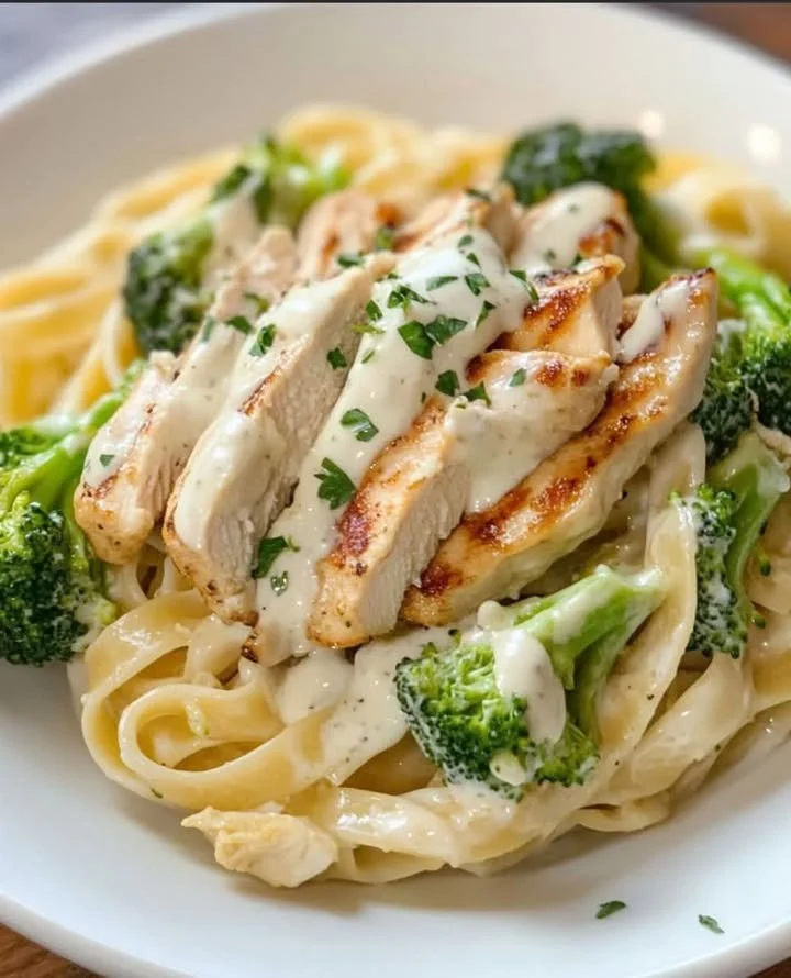 Creamy chicken alfredo pasta dish garnished with parsley and Parmesan.