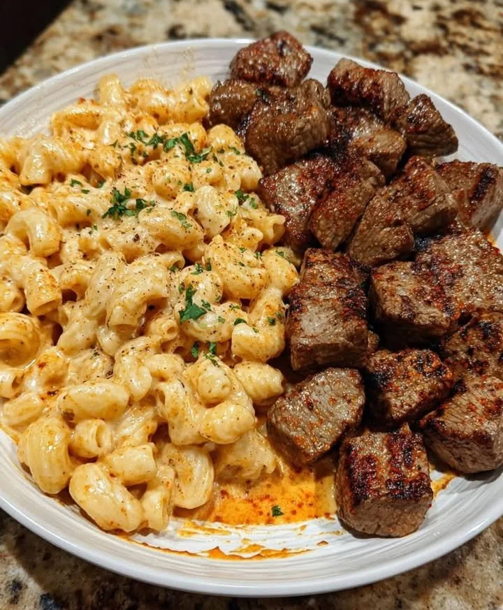 Delicious Cajun Steak Tips served with Cheesy Cavatappi on a plate.