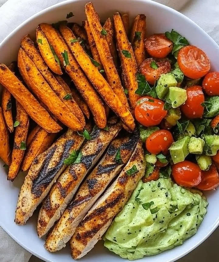 Delicious grilled chicken bowl with fresh vegetables and flavorful toppings