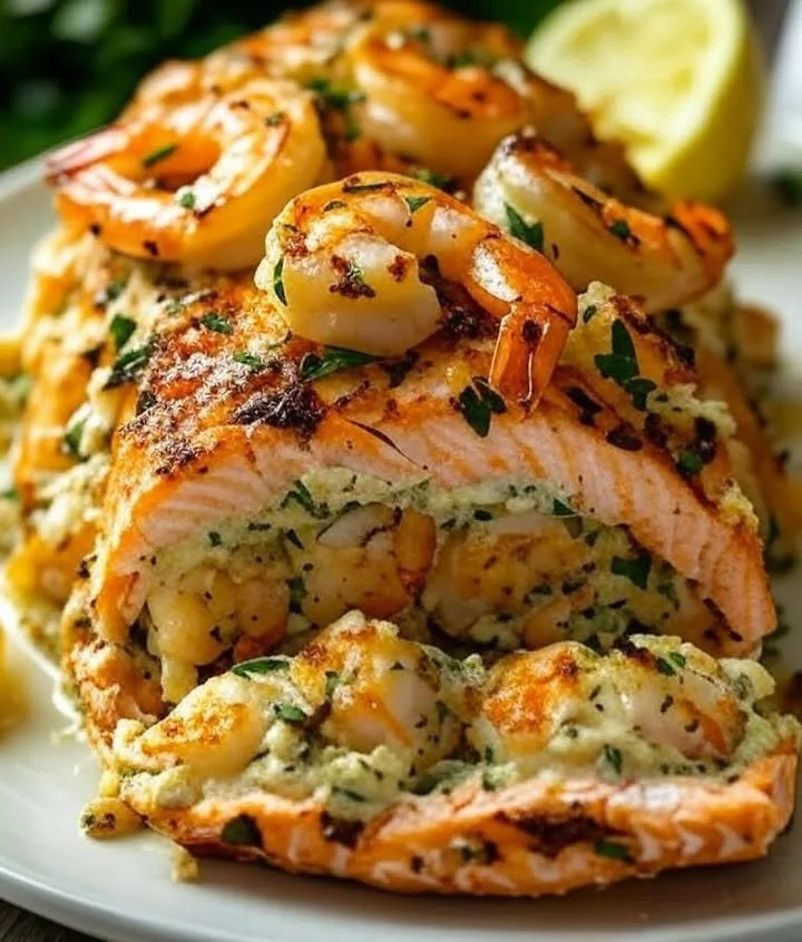 Crab and shrimp stuffed salmon dish garnished with herbs on a plate
