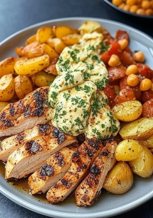 Delicious plate of Greek Garlic Chicken garnished with fresh herbs