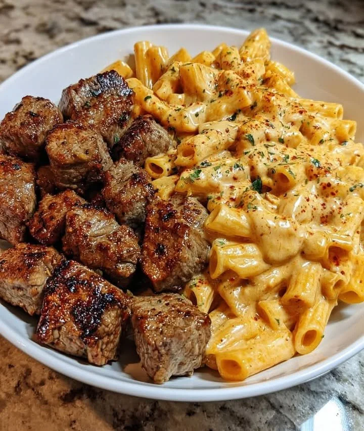 Irresistibly creamy Cajun steak tips served on a plate.