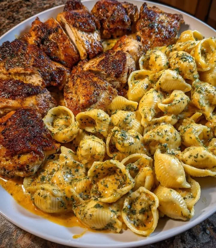 Delicious Garlic Cajun Chicken Shells served with a side of vegetables