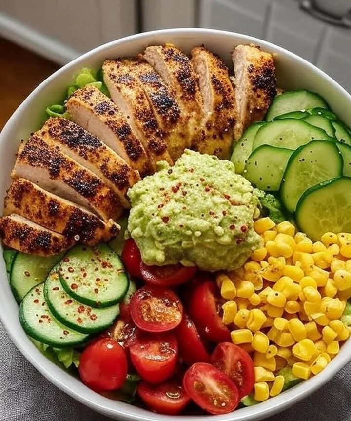 Delicious bowl featuring 20-min grilled chicken, veggies, and sauce for a healthy meal.