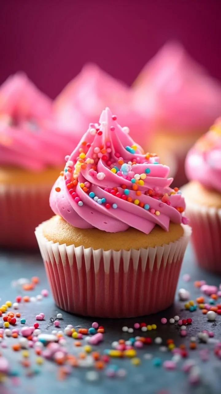 Vanilla cupcakes with pink frosting, perfect for celebrations and sweet treats.