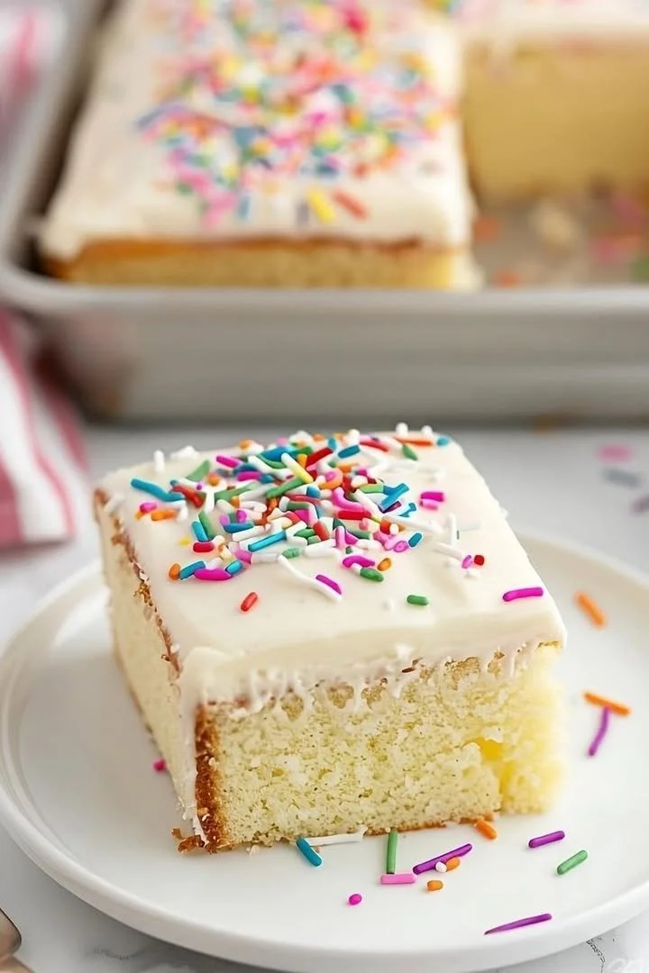 Delicious Vanilla Sheet Cake topped with icing and fresh berries