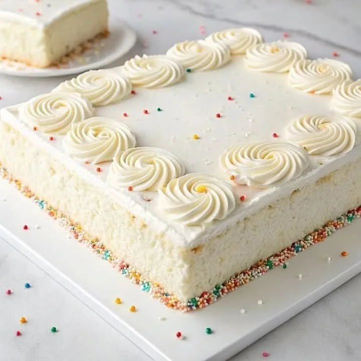 Homemade White Texas Sheet Cake with frosting on a serving plate