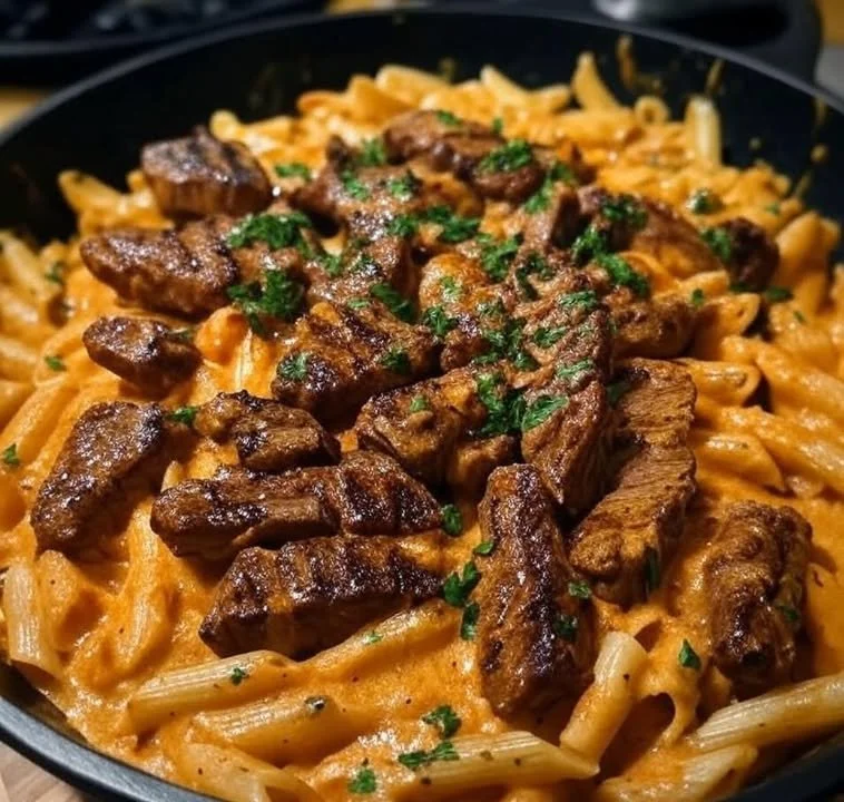 Delicious Cajun Butter Steak Pasta served on a plate with herbs.