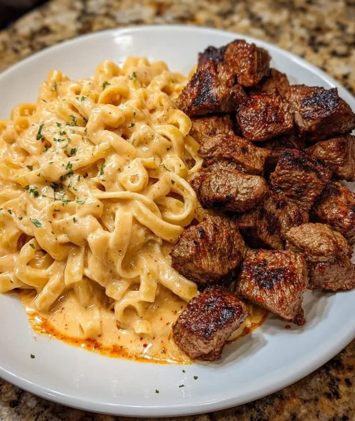Delicious creamy Cajun steak with a rich sauce served on a plate.
