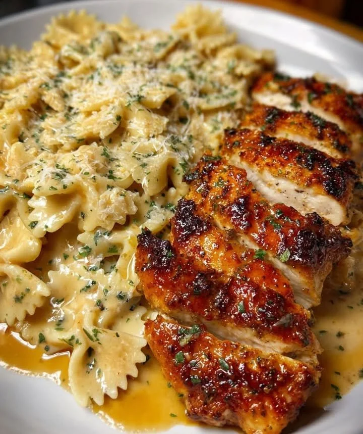 Bowl of creamy chicken pasta garnished with fresh herbs