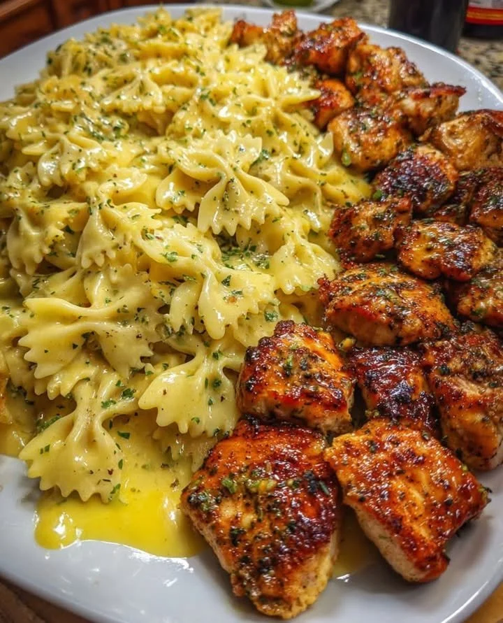 Plate of Cajun Chicken Bowties garnished with herbs and spices