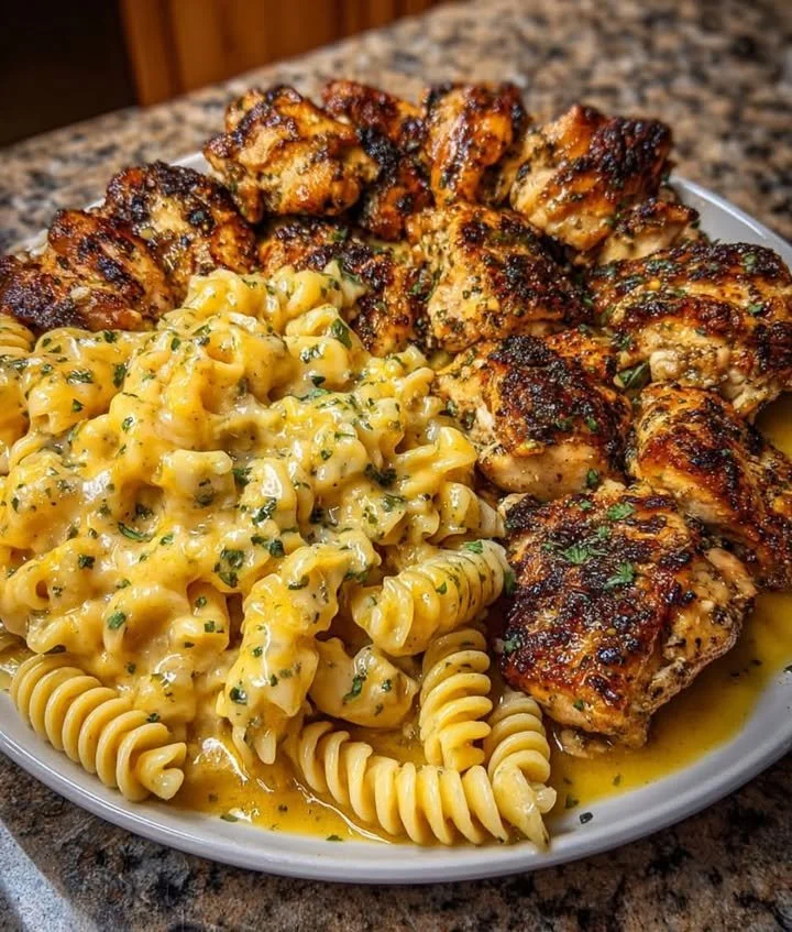 Delicious creamy dish plated with fresh herbs and vegetables