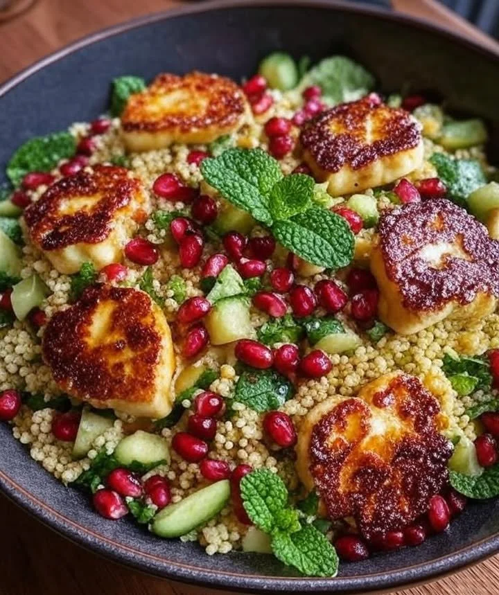 Salad featuring Halloumi cheese and Pomegranate seeds