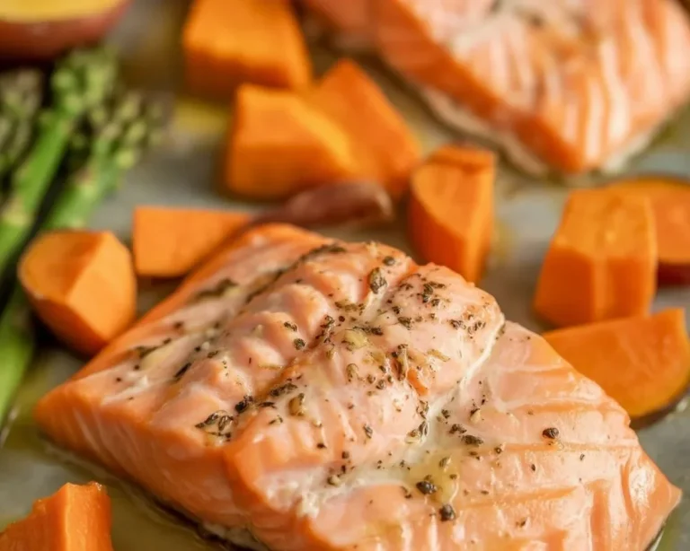 Baked salmon with asparagus and sweet potato on a plate