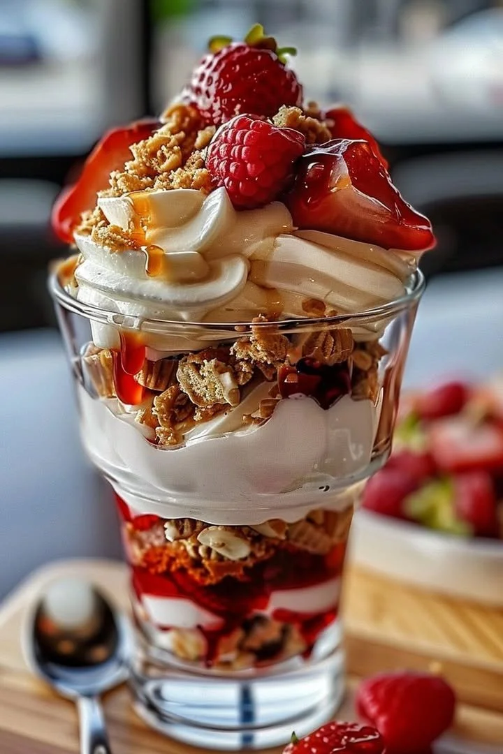 Berry yogurt parfait with granola in a glass, topped with fresh berries.
