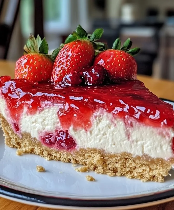 A slice of Berrylicious Strawberry Crunch Cheesecake topped with fresh strawberries