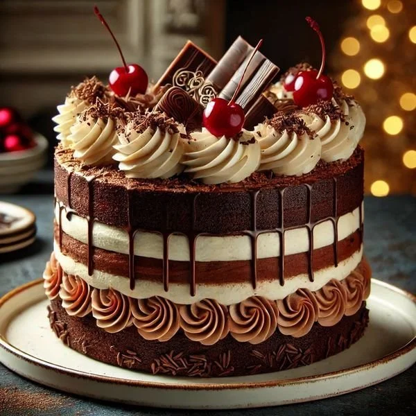 Delicious Black Forest Cherry Cake with chocolate layers and cherries on top