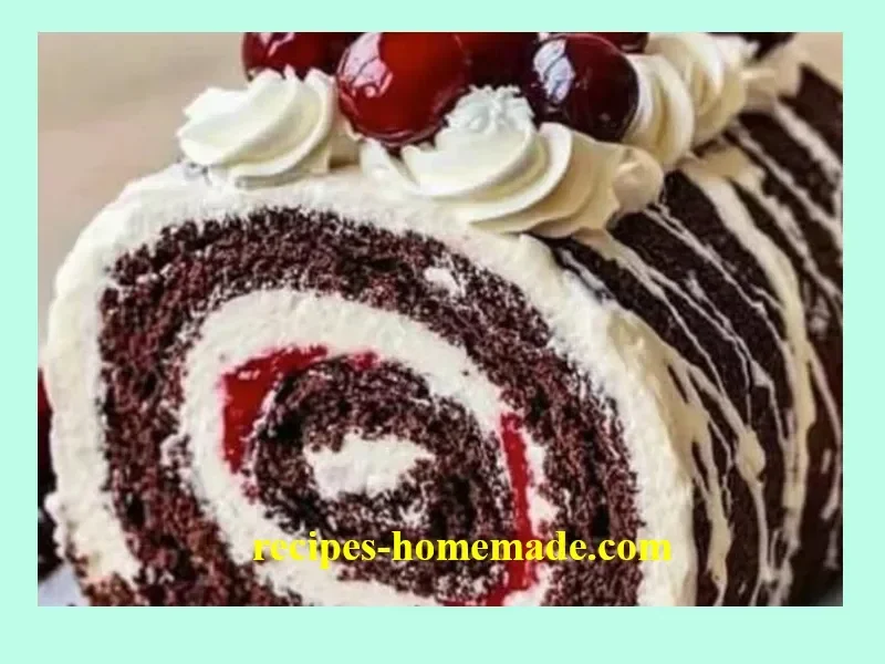 Delicious Black Forest cream roll cake with whipped cream and cherries