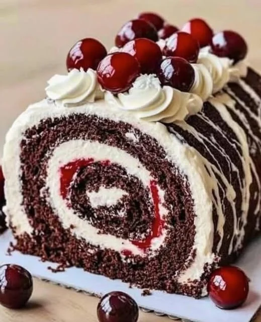 Delicious Black Forest Cream Roll Cake with chocolate and cherries