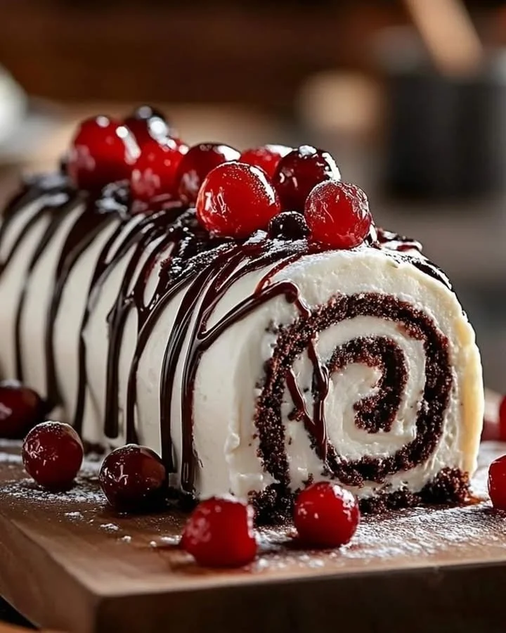 Delicious Black Forest Roll Cake topped with cherries and whipped cream