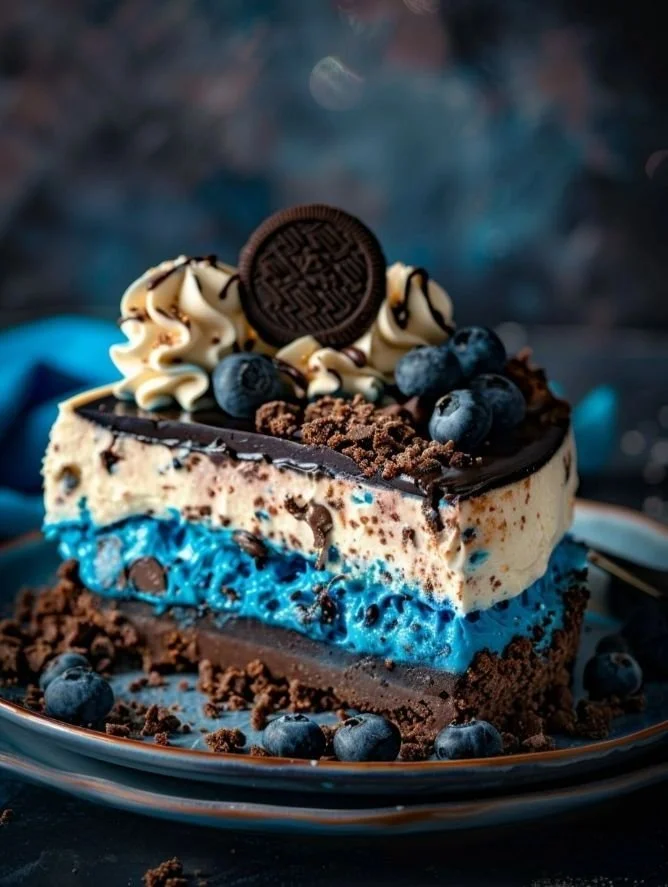Blueberry Oreo Cheesecake topped with fresh blueberries and Oreo crumbs