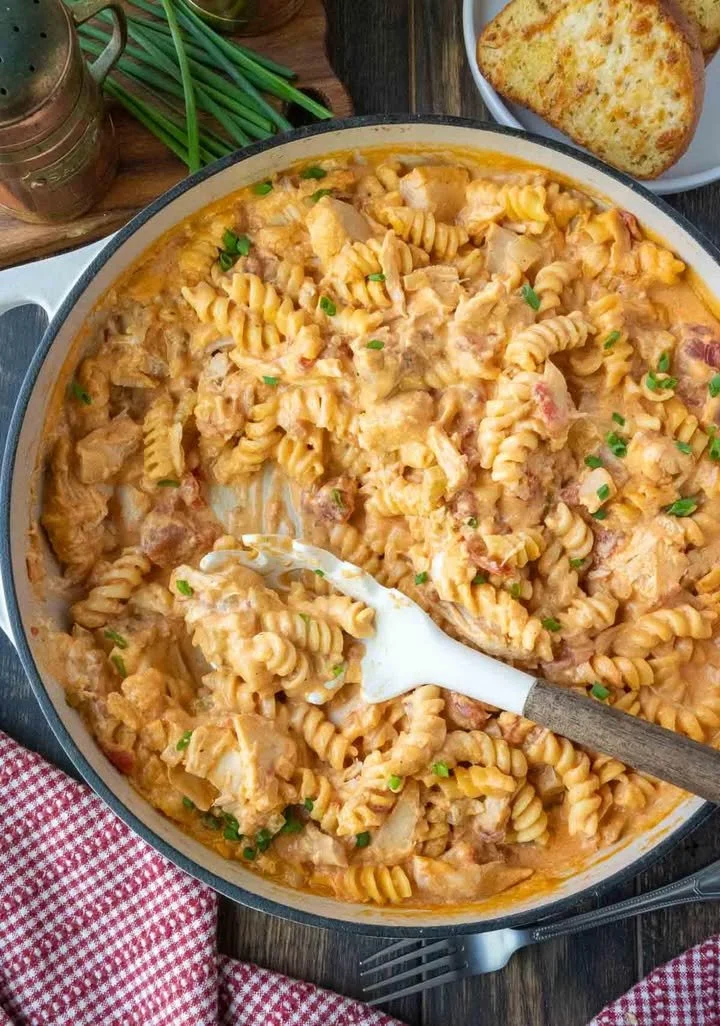 Delicious Buffalo Chicken Pasta served in a bowl with a sprinkle of herbs