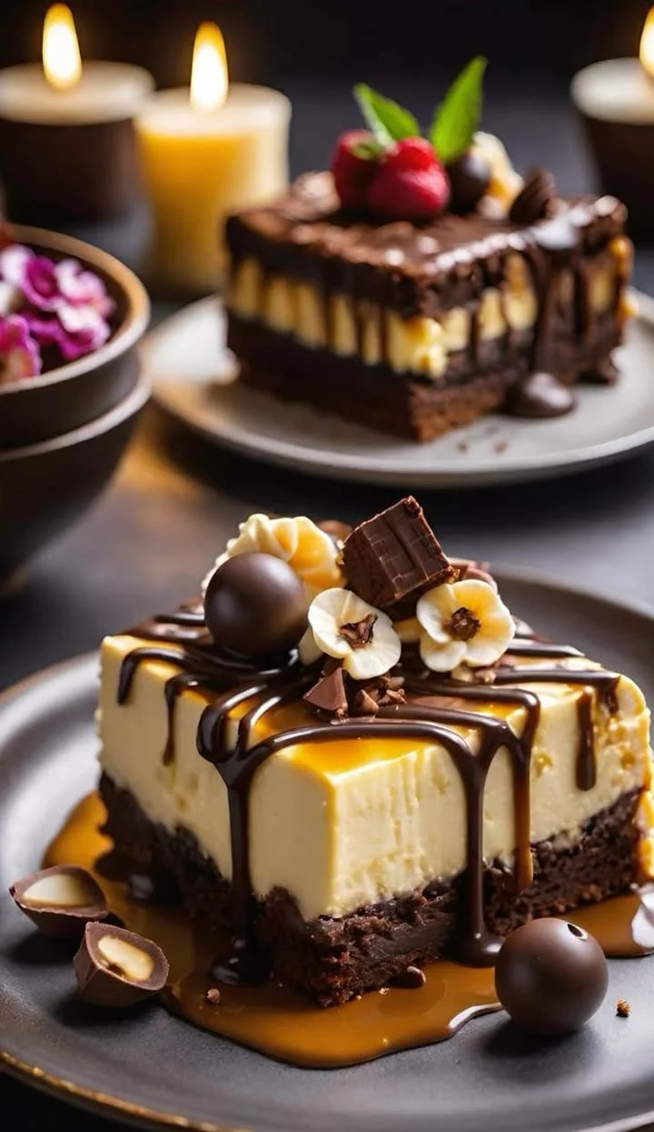Caramel and chocolate ganache cheesecake brownie dessert slice