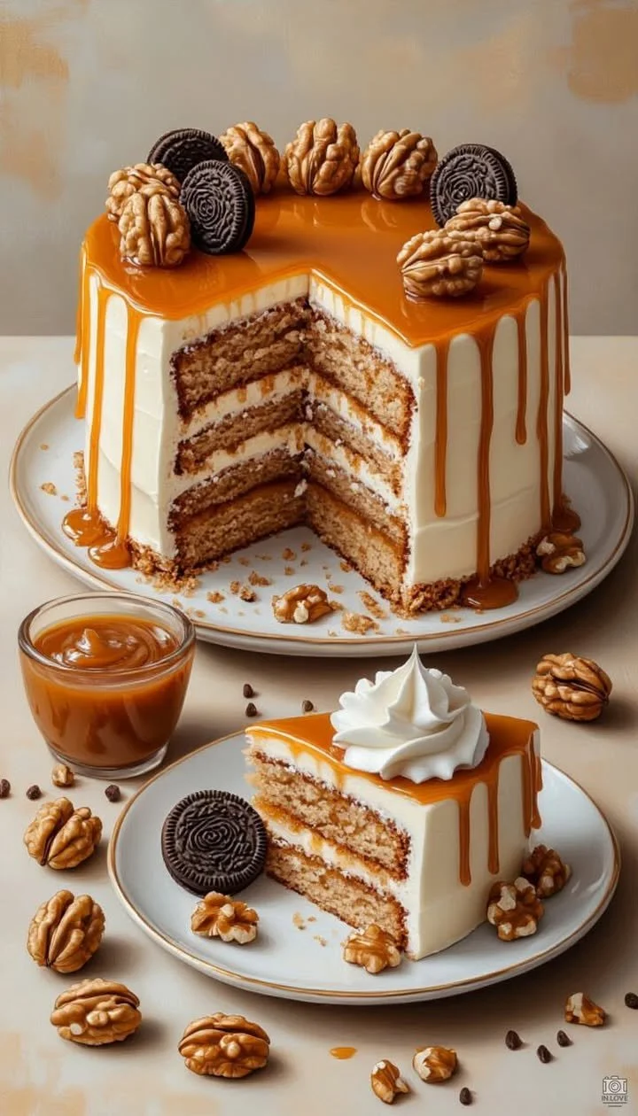 Delicious Caramel Walnut Layer Cake with layers of caramel and walnuts