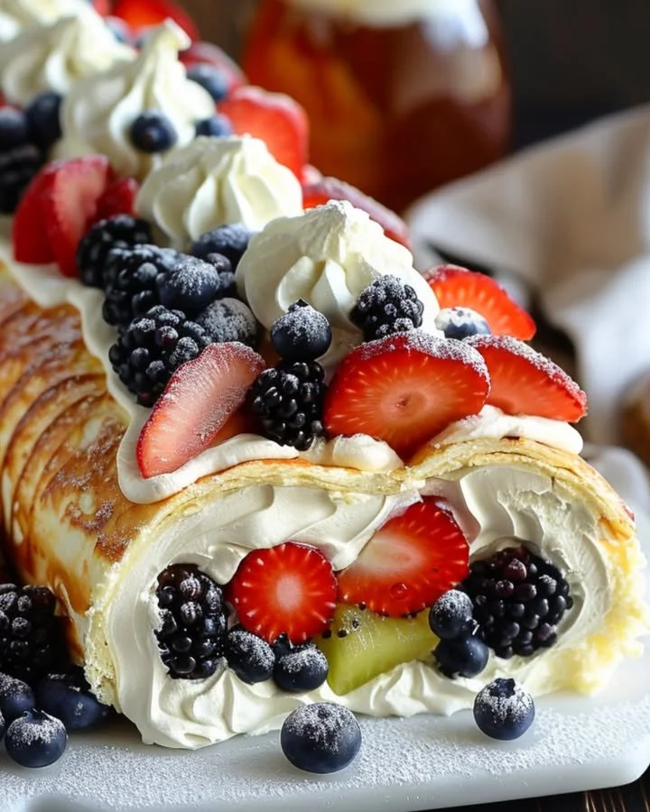 Delicious cheesecake roll-ups filled with fresh fruit salad.