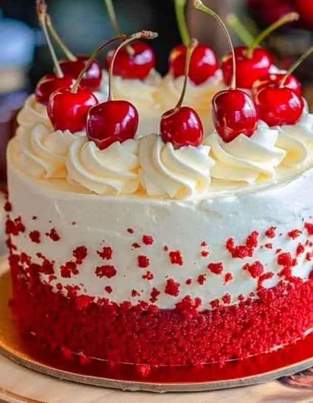 Slice of Cherry Cake with Cherry Cream Cheese Frosting on a white plate.