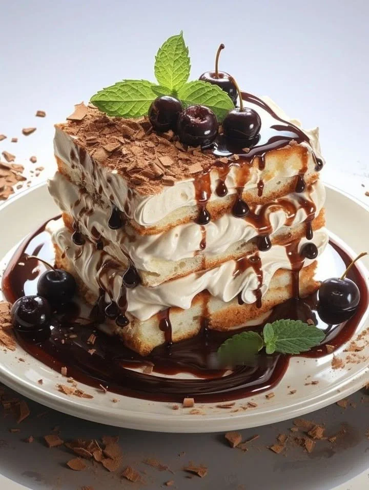 Slices of Cherry Chocolate Tiramisu Cake with cherries on top