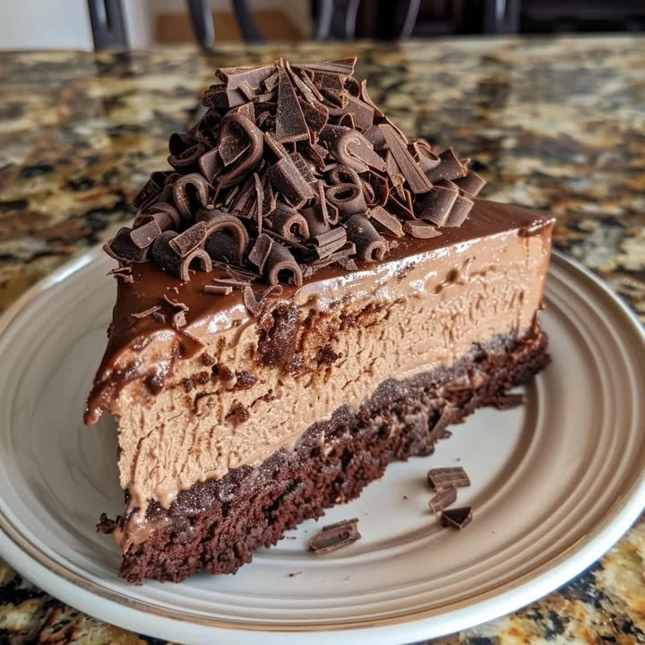 A slice of chocolate brownie mousse cake with a creamy topping and chocolate shavings.