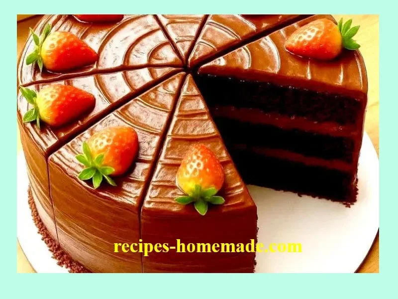 Delicious homemade chocolate cake covered in chocolate ganache and decorated with chocolate shavings