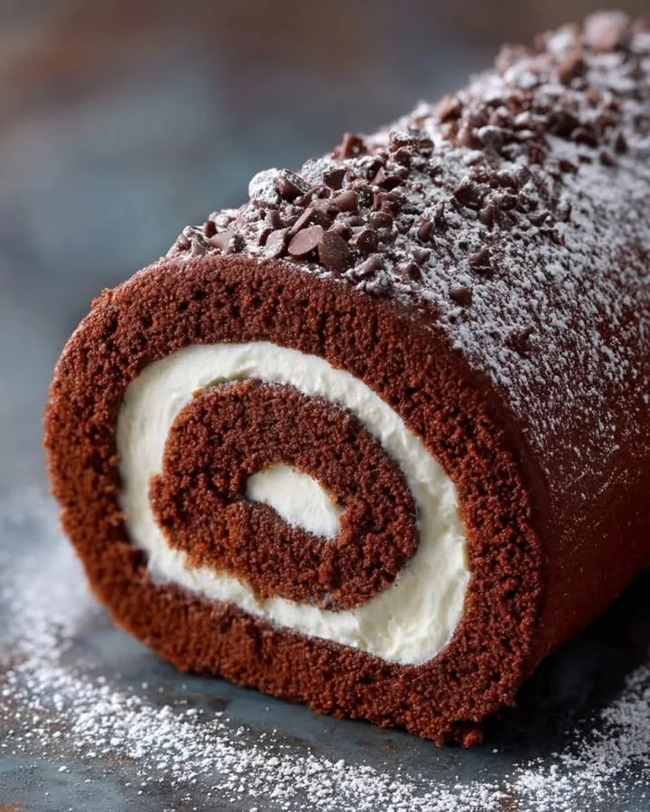 Delicious chocolate cake roll garnished with whipped cream and chocolate shavings.