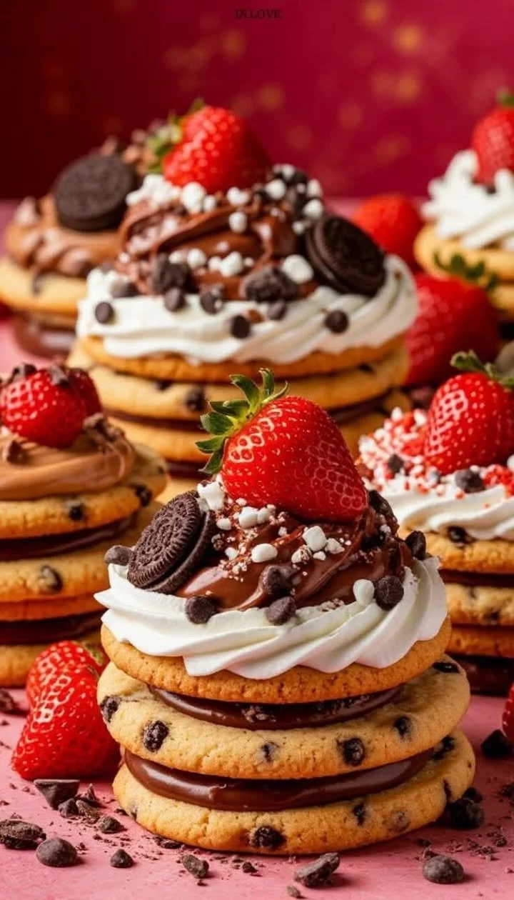 Delicious chocolate chip cookie dessert stacks layered with creamy filling
