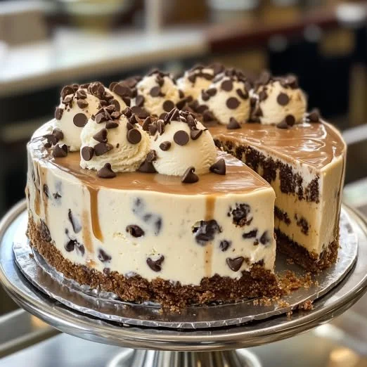 Chocolate Chip Cookie Dough Ice Cream Cake with layers of cookie dough and ice cream