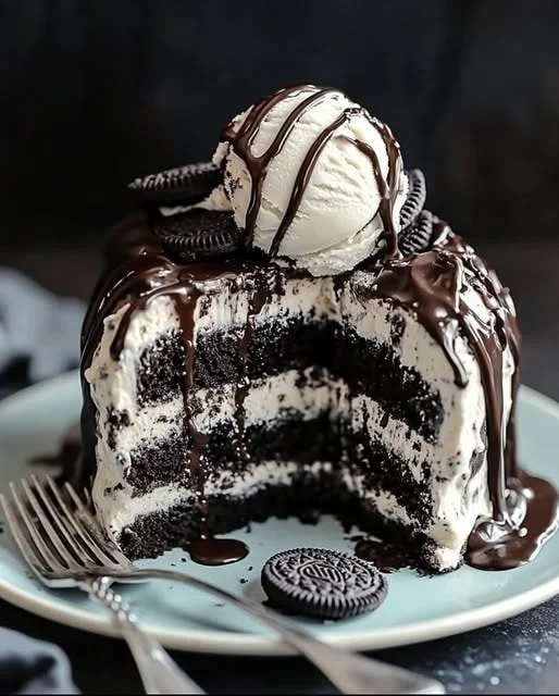 Chocolate chip cookie dough ice cream cake with layers of cookie dough and ice cream