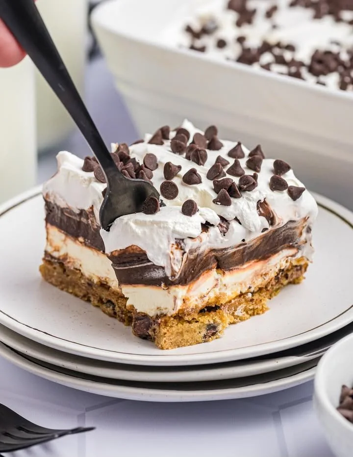 Delicious Chocolate Cookie Delight on a plate, topped with chocolate chips.