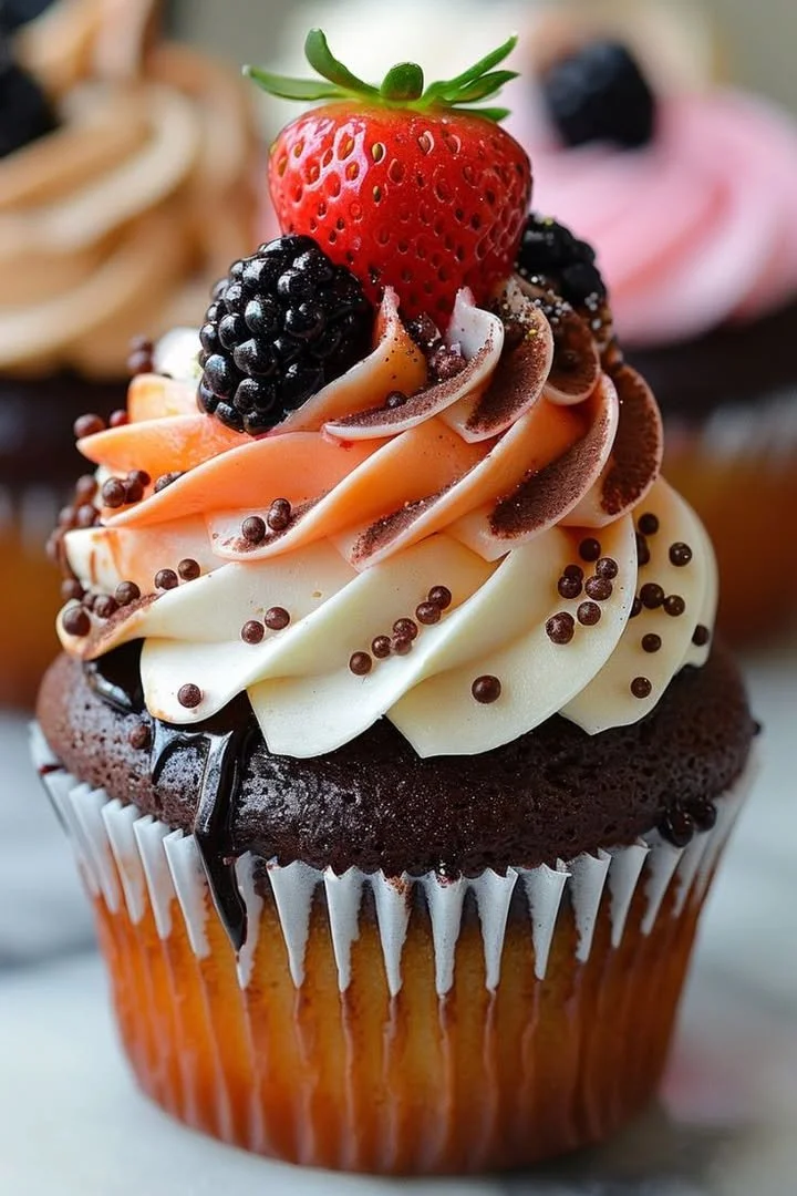 Delicious chocolate cupcakes with vibrant berry swirl buttercream frosting