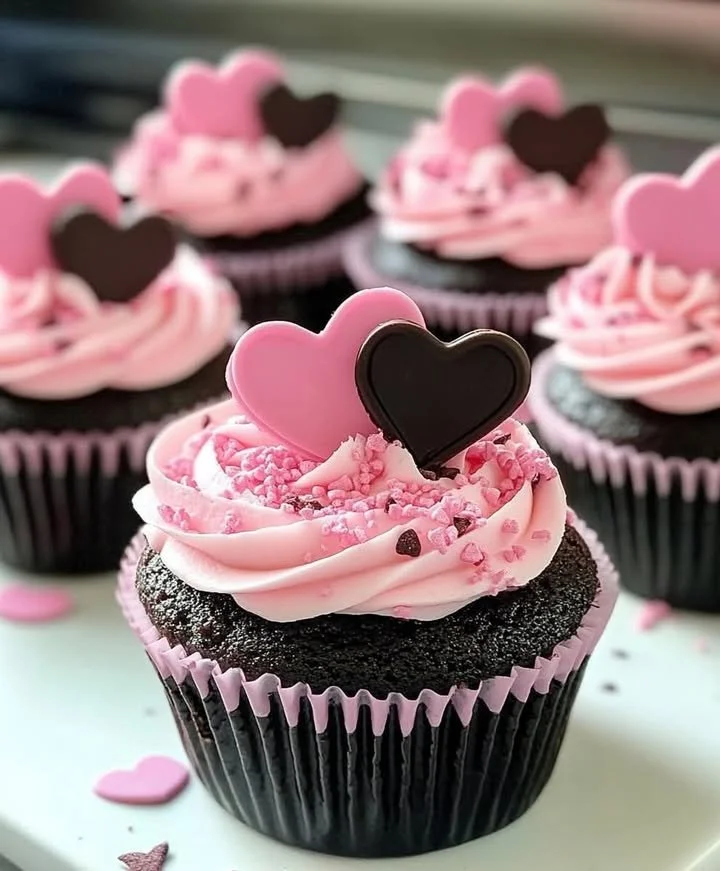 Chocolate cupcakes with pink buttercream frosting on a white plate