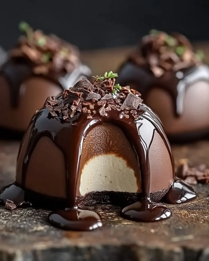 Chocolate Dome Mousse topped with ganache on a plate