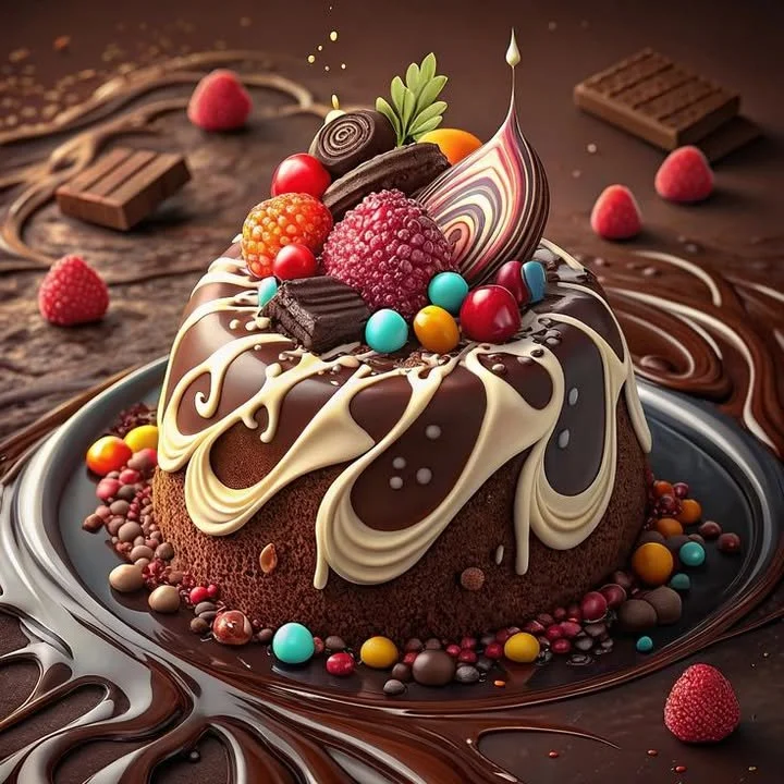 Chocolate Drip Bundt Cake with berries and colorful candy toppings