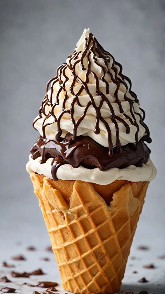 Delicious chocolate-drizzled soft serve ice cream cone topped with sprinkles