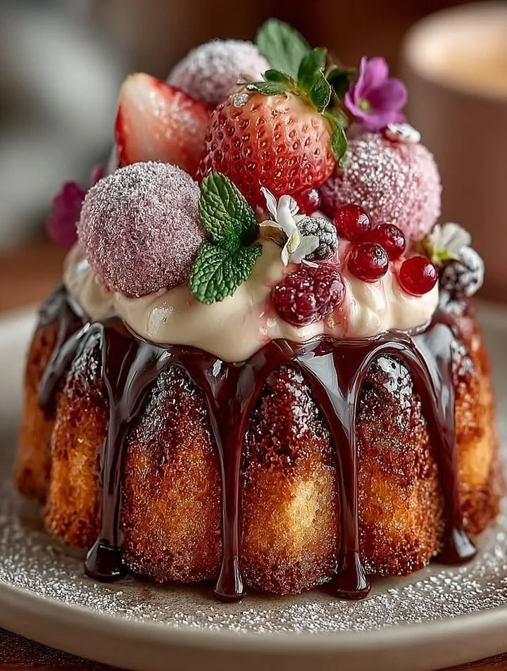 Chocolate Ganache Bundt Cake drizzled with ganache and adorned with fresh berries