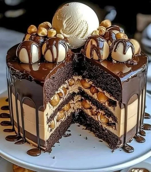 Delicious Chocolate Hazelnut Drip Cake with ganache and hazelnuts on top.