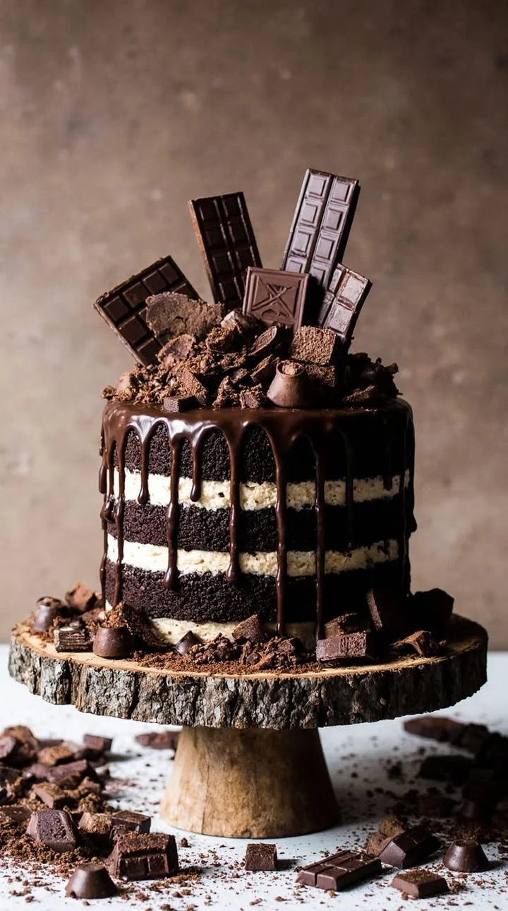 Delicious chocolate layer cake topped with ganache and chocolate bars