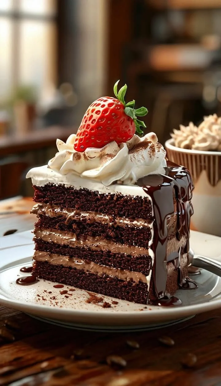 Chocolate layer cake with whipped cream and strawberries on top.