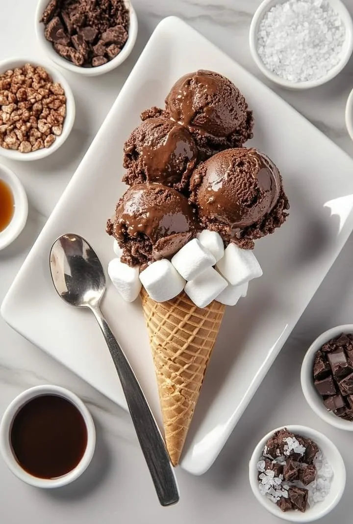 Delicious chocolate marshmallow ice cream cone topped with fluffy marshmallows