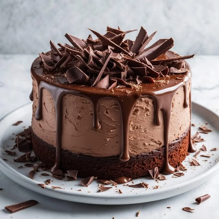 Delicious Chocolate Mint Cake topped with mint leaves and chocolate shavings.