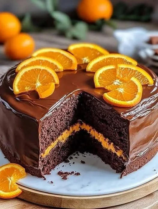 Sliced Chocolate Orange Cake with orange zest and chocolate ganache topping